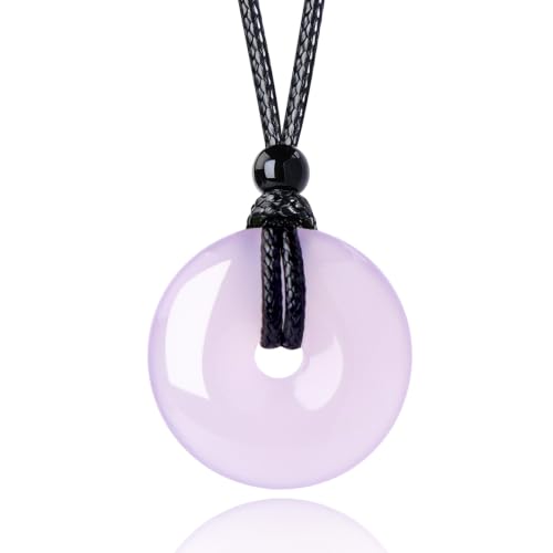 Anjiucc Natural Gemstone Pendant Necklce Lucky Coin Crystal Necklace Donut Pendnat with Adjustable Rope Healing Crystal for Men - color: Violet Chalcedony