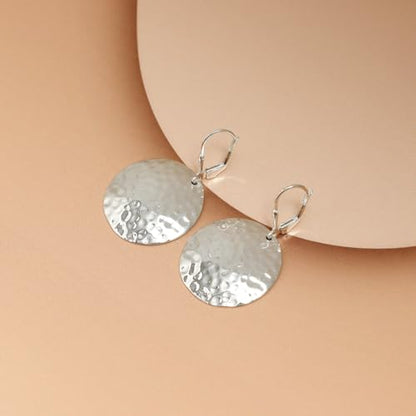 LeCalla 925 Sterling Silver Drop Earrings | Lever-Back Drop Earrings | Hypoallergenic Silver Teardrop Leverback Dangle Earring for Women Jewelry Gifts - color: Hammered Disc-38MM