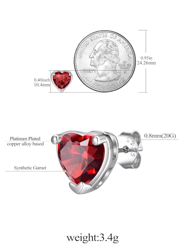 FindChic 2 Carat Birthstone Stud Earrings for Women, Round/Heart/Princess Cut Stud Earrings, Hypoallergenic Studs with 925 Sterling Silver Posts, 12 Months Birthday Jewelry Gift - color: 01. January-Garnet(Heart Cut)