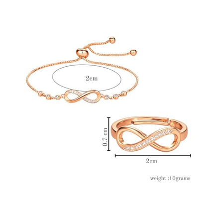 Nilu's Collection Infinity Shape Cubic Zirconia Diamond Bracelet for Women, Jewelry for Gift, Adjustable Charm Bracelet (Rose Gold Necklace + Bracelet) - color: Rose Gold Bracelet +Ring