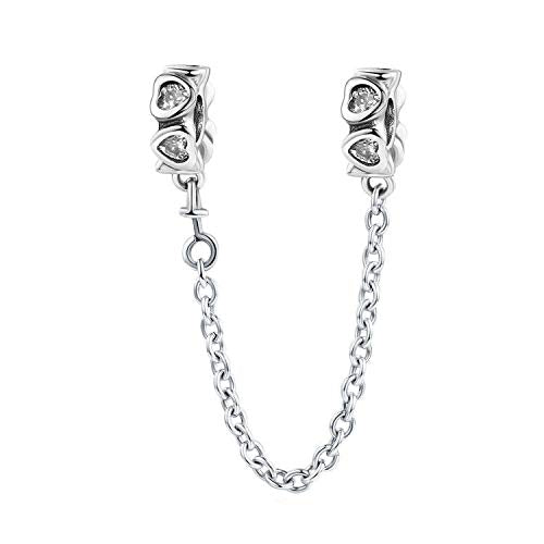 Heart Safety Chain Charms 925 Sterling Silver Love Beads fit Bracelet & Necklace - color: White