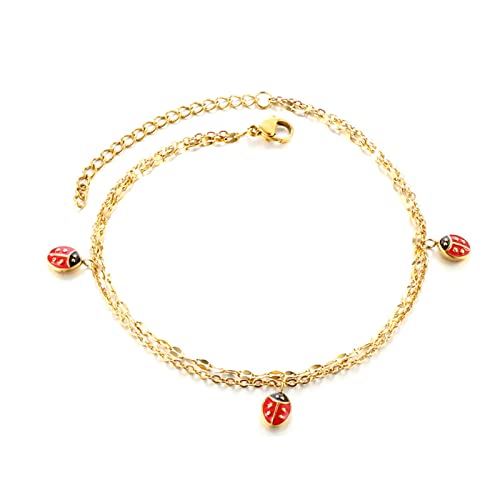 Anklet Bracelets for Women Stainless Steel, Gold Anklets Bracelet for Womens Double Layer Chain with Flower/Ladybug/Dragonfly Anklet for Summer Beach - color: Ladybug