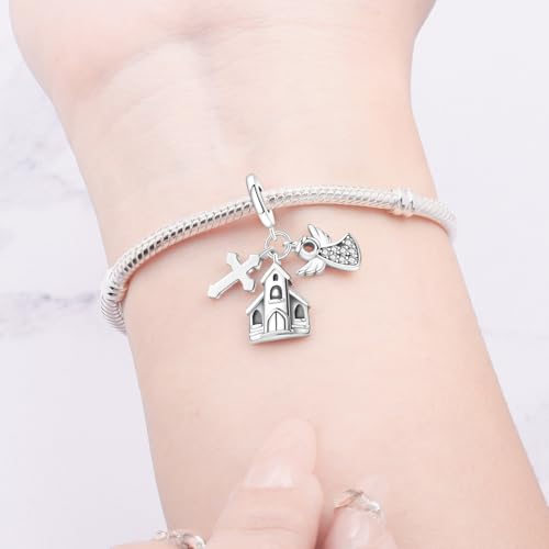 925 Sterling Silver Charms for Bracelets and Necklace Religious Cross Pendants Praying Hands, Bible, Virgin Mary, Jesus, Church Bead Jewelry - color: Church angel cross