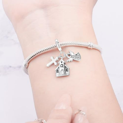 925 Sterling Silver Charms for Bracelets and Necklace Religious Cross Pendants Praying Hands, Bible, Virgin Mary, Jesus, Church Bead Jewelry - color: Church angel cross