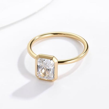 Radiant Cut Moissanite Engagement Ring for Women, Bezel Set Solitaire Ring | D Color VVS1 925 Sterling Silver 14K Gold Plated Wedding Ring, Available in 2CT 3CT 5CT, Diamond Alternative Promise Jewelry - style: 01 - Yellow Gold - 2CT Radiant Moissanite