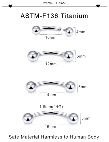 20G 18G 16G 14G 12G 8G 6G 4G 2G Astm F136 Titanium Internal Thread Eyebrow Piercing Jewelry Curved Barbell Vertical Labret Lip Daith Rook Earrings Navel Belly Button Ring Piercing Jewelry - style: 14G, 10mm 12mm 14mm 16mm Length, Ball