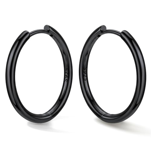 Bestyle Sterling Silver Small Hoop Earrings for Women, Hypoallergenic Silver/Black/Rose Gold/Gold Small Huggie Hoops Helix Cartilage Earring for Multiple Piercing Sleep, Size 8/10/12/14/16/18/20mm - color: Black-Sterling Silver, size: 18mm