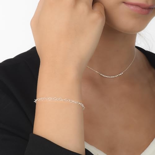 Stacking Bracelet Silver, Minimalist Simple Gourmet Satellite Rectangles Lace Heart Chain Bracelets, 925 Sterling Arm Jewelry for Women, Length 6.5-7.5 Inches - style: Hearts Chain