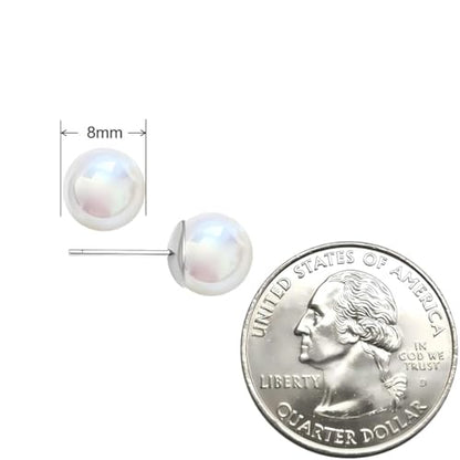 White Faux Pearl Stud Earrings, S925 Silver Posts Hypoallergenic for Women - color: Pinkish White, size: 8mm