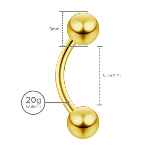 2pc Curved Barbell Daith Rook Conch Labret Helix Lip Ring Tragus Eyebrow Cartilage (choose Color, Gauge, Length) - color: Gold - 6mm (1/4) - 20g
