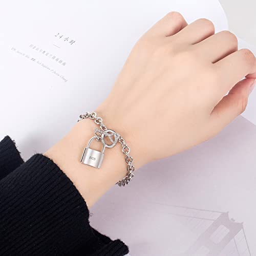 H&Beautimer 925 Sterling Silver Bracelet For Women's - Italian Handmade Rolo Chain 6.3, 6.7, 7.1, 7.5, 8 Inch - AAAAA CZ Zircon Heart/Lock Pendant Bracelet - Fine Jewelry - color: Silver, size: 6.7 inches