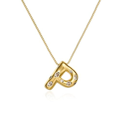 Cicy Bell Initial Necklace for Women 14k Gold Plated | Cubic Zirconia, Trendy, Personalized, Dainty Letter Pendant - color: P-Gold