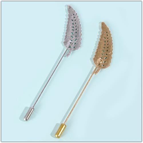 Dreuyet Simple Gold Silver Plated Long Brooch Pins with Cute Animal Antlers Leaves Plant Bees Rabbits Rose Flower Feather Brooch Jewelry for Women Men Elegant Suit Collar Lapel Pin - style: Hollow Leaf