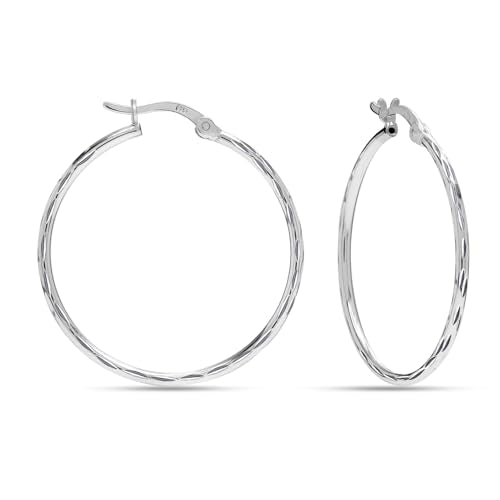 LeCalla 925 Sterling Silver Hoop Earrings for Women | Lightweight Classic Diamond-Cut Textured Hoop Earring | Women's Earring Hoops Size 20/25/30/35/40MM - color: 35MM / Tube-2mm