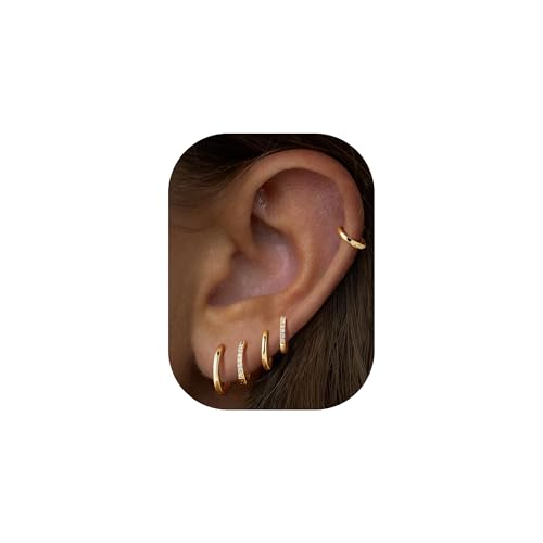 Turandoss 5 Pairs Gold Huggie Hoop Earrings for Women | Dainty Small Hoop Earring Stacks, Cartilage, Multiple Piercing, 14K Gold Plated, Hypoallergenic - color: Gold Hoop