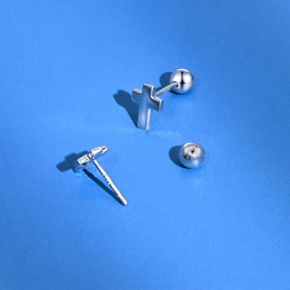 JSGEMSLEE Hypoallergenic 925 Sterling Silver Stud Earrings for Women With Screw Back Small Butterfly Heart Flower Earrings for Girls Tragus Cartilage Jewelry Gifts - color: cross