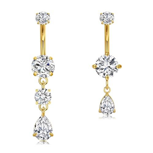 Briana Williams Belly Button Ring Clear CZ Dangle Belly Button Piercing Belly Rings Dangle Belly Button Rings Surgical Steel Teardrop Dangle Belly Button Jewelry for Women Silver Gold - color: A -gold