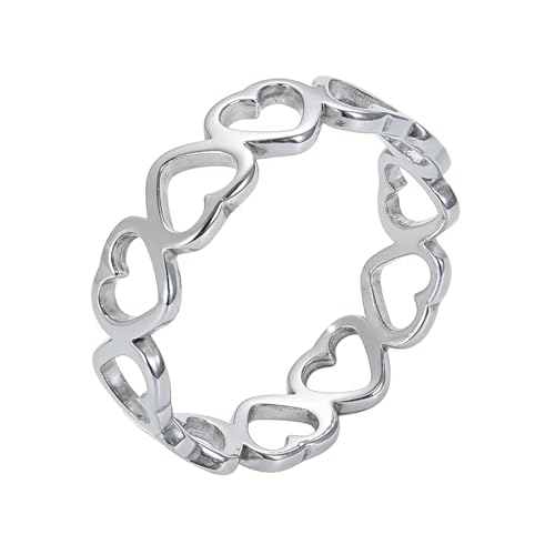 Love Plain Stacking Band Statement Wedding Promise Ring For Women | Stainless Steel, Cute Hollow Heart Design,Waterproof,Tarnish Resistant,Gift For Mother’s Day, Valentine’s Day, Christmas - color: Silver Link Hearts