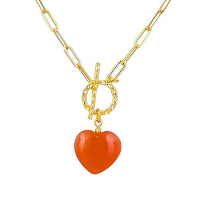 Gempires Gemstone Heart Pendant Necklace for Women, Gold Toggle Birthstone | Handmade gemstone heart pendant necklace — choose from 11 stones and birthstones, gold toggle paperclip chain. - color: Carnelian
