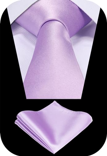TIE G Solid Satin Woven dyed Color Formal Black Necktie and Pocket Square Sets in Gift Box - color: Lavender