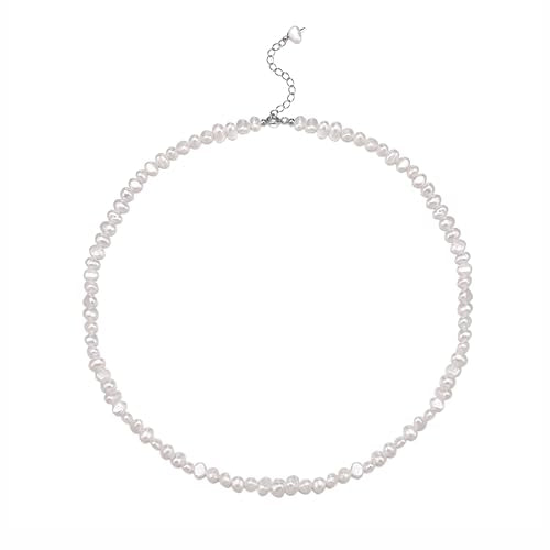 Natural Pearls Necklace, Freshwater Baroque Pearls Necklace for Women's Pearl Strand Choker Necklace 18K Gold Plated & S925 Sterling Silver Clasp White Necklace Chain - color: White, 4-5mm, Silver Clasp