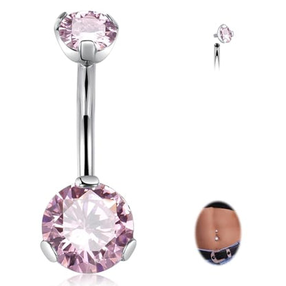 FUNLMO 14G Belly Button Ring Titanium Belly Button Piercing Belly Ring Internally Threaded Navel Piercing Jewelry - color: Silver-Pink CZ