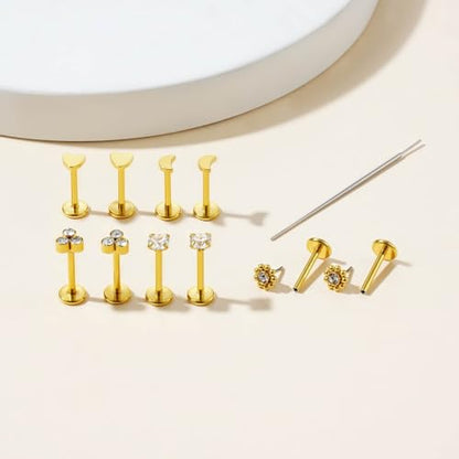 Uni-J 10pcs 20G/18G/16G Threadless Push-in Tragus Conch Cartilage Flat Back Helix Labret Monroe Lip Ring Daith Piercing Jewelry - color: 20G Gold 6mm