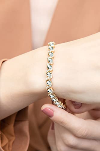 B. BRILLIANT Sterling Silver Genuine, Created or Simulated Gemstone Round S Design Tennis Bracelet for Women - color: Aquamarine - Gold Flash
