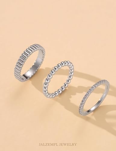 3Pcs Stackable Gold Rings Set for Women Cubic Zirconic Ribbed Bead Jewelry | 14K Gold & Silver Plated, Non Tarnish, Dainty Stacking Design, Trendy Gift - color: Silver