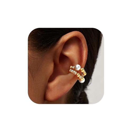 MEVECCO Ear Cuffs Non Piercing 18K Gold Plated Ear Cuff Earring Sets Clip on Cartilage Cubic Zirconia Pearl Minimalist Hypoallergenic Fake Hoop Earrings Stack Women Gifts - style: 2pcs-Pearl