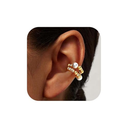 MEVECCO Ear Cuffs Non Piercing 18K Gold Plated Ear Cuff Earring Sets Clip on Cartilage Cubic Zirconia Pearl Minimalist Hypoallergenic Fake Hoop Earrings Stack Women Gifts - style: 2pcs-Pearl