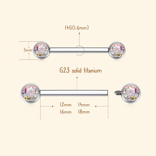 AROWRO Nipple Piercing Jewelry Nipple Rings Titanium Nipple Rings Implant Grade Hypoallergenic 14G Internally Threaded Straight Barbells with Cubic Zirconia Opal Gold Silver Rose Gold Black 12mm 14mm 16mm 18mm 20mm - color: Silver+Clear ABCZ