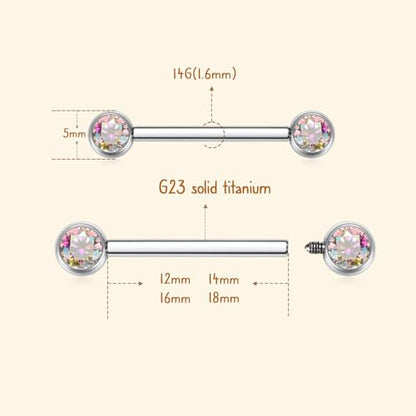 AROWRO Nipple Piercing Jewelry Nipple Rings Titanium Nipple Rings Implant Grade Hypoallergenic 14G Internally Threaded Straight Barbells with Cubic Zirconia Opal Gold Silver Rose Gold Black 12mm 14mm 16mm 18mm 20mm - color: Silver+Clear ABCZ