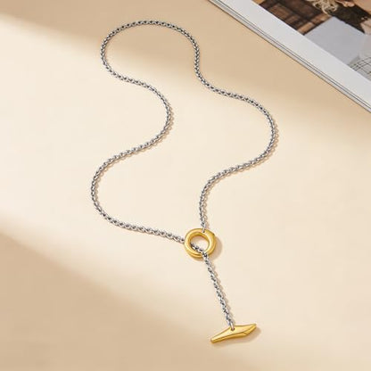 Dainty Lariat Y Necklaces for Women Silver and Gold Plated Layered Two Tone Link Chains Toggle T Bar Long Pendant Necklaces Mixed Metal Jewelry Gifts - style: Silver&Gold-50cm