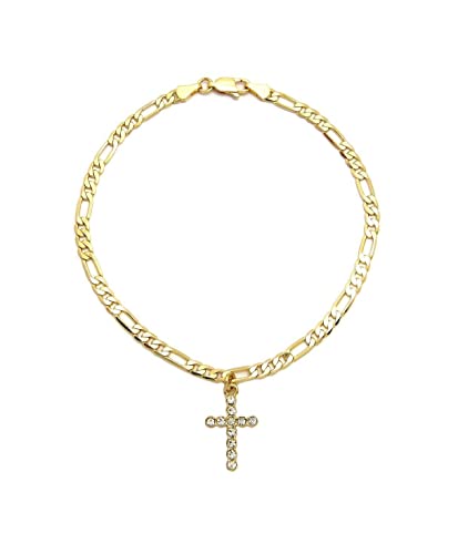 WOMEN'S GOLD PLATED BRASS CZ STONES CROSS CHARM & 3mm 10" FIGARO CHAIN FASHION ANKLET BRACELET