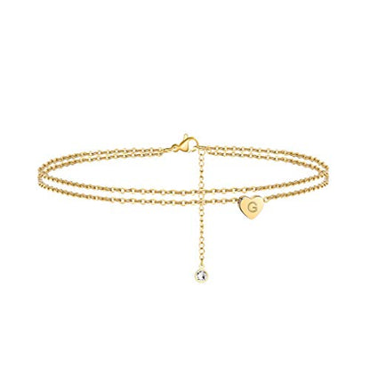 Heart Initial Ankle Bracelets for Women, 14K Gold Filled Handmade Dainty Layered Anklet Letter Initial Heart Ankle Bracelets for Women Beach Jewelry Gifts - style: G