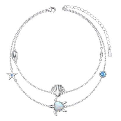 Anklets for Women 925 Sterling Silver Blue Evil Eye Infinity Butterfly Adjustable Multilayer Layered Summer Beach Ankle Bracelet Foot Chain Jewelry for Women - style: Sea Turtle 3