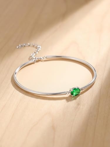 Moissanite/Sapphire/Ruby/Emerald Cuff Bracelet 1 Carat Oval Cut Center Stone Inlaid 925 Sterling Silver 14K Gold Plated Adjustable Birthstone Bangle for Women fit Wrist 5-7.5 Inch - color: Emerald Silver
