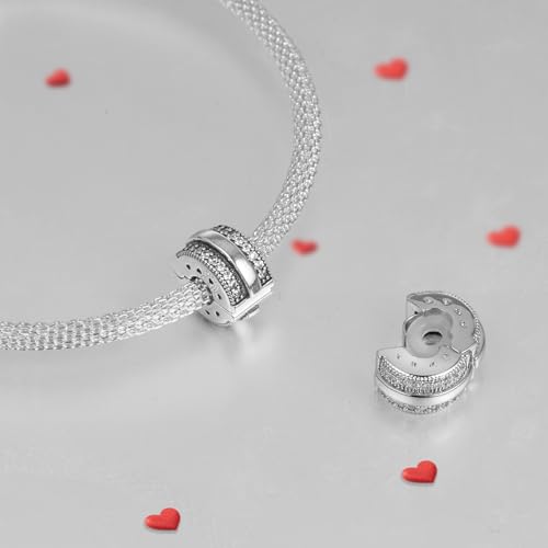 Annmors S925 Clip Spacer Safety Chain Stopper Charms for Pandora, Gift Mom Daughter Friend Sister Wife Grandma Girlfriend Fmaily On Christmas Mothers Valentines Halloween Graduation - color: B07-Sparkling Pavé Lines Clip Charms