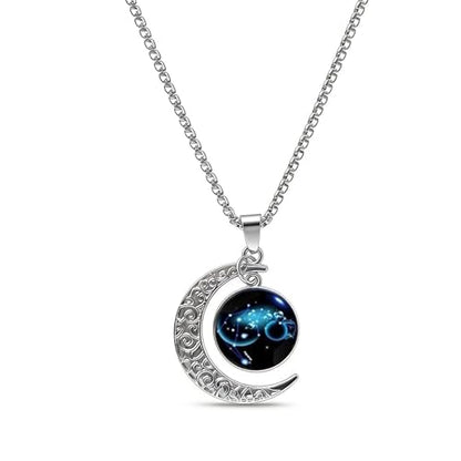 Stainless Steel Mens Necklace 12 Zodiac Moon Galaxy Pendant Necklace,22.8 Inch Stainless Steel Chain, 1.13 Inch Aries/Pisces Celestial Crescent Moon Star Sign Charm Jewelry - style: Aquarius（1.20-2.18）