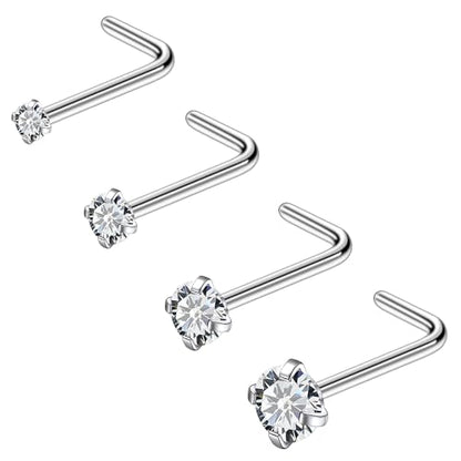 ASTM F136 Titanium Nose Rings 18G 20G 22G Clear Round Cubic Zirconia Nose Studs Ring Screw L-Shaped Bone Hypoallergenic Body Piercing Jewelry for Women 1.5mm 2mm 2.5mm 3mm 4PCS - style: L-Shaped:18G(1.0mm)