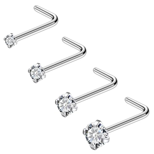 ASTM F136 Titanium Nose Rings 18G 20G 22G Clear Round Cubic Zirconia Nose Studs Ring Screw L-Shaped Bone Hypoallergenic Body Piercing Jewelry for Women 1.5mm 2mm 2.5mm 3mm 4PCS - style: L-Shaped:20G(0.8mm)
