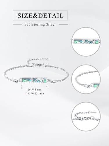 Waves/Tree of Life/Mushrooms/Moon Phase/Butterfly/Hummingbird Bracelet/Anklet 925 Sterling Silver Adjustable Abalone Shell Bar Bracelet/Anklet Summer Jewelry Gifts for Women - color: Waves-Abalone, size: Bracele 7"+2"