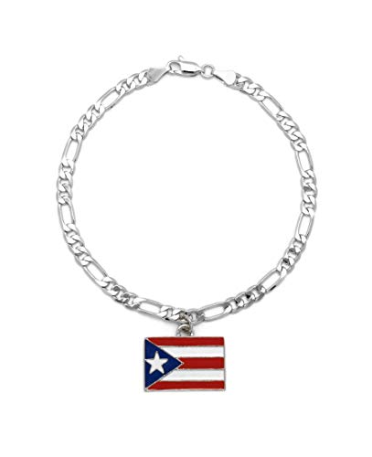 Women's Flag Pendant 5mm 10" Figaro Chain Ankle Bracelet Anklet - style: Puerto Rico/Silver-Tone