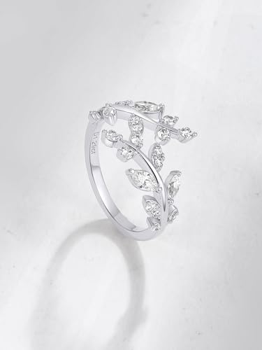 Silver Leaf Ring for Women 925 Sterling Silver Yellow Gold Plated CZ Inlaid Marquise Sapphire/Ruby/Emerald Cocktail Rings Size 6 to 10 - color: Cubic Zirconia - Silver