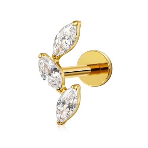 FINE4U 16G CZ Cluster Climber Cartilage Earring for Helix, Tragus - ASTM F136 Titanium Triple Marquise Labret Stud, Screw on Nickel Free Flat Back Jewelry - color: Triple Marquise - White CZ - Gold