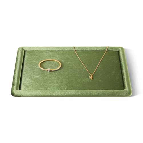 Velvet Jewelry Display Tray for Ring Earrings Necklace Bracelet Flat Tray - color: Olive Green, size: 12.99 × 9.06 in