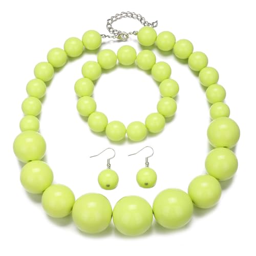 Colorful Round Beaded Earrings Neacklace Set Retro Imitation Pearls Beaded Bracelet Geometric Acrylic Beads Dangle Earrings 70s 80s Exaggerated Necklace Bracelet Jewelry - color: Green