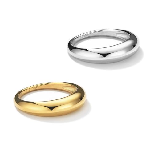 NOKMIT Chunky Dome Rings for Women Dainty 14K Gold Silver Tone Cute Bold Dome Statement Ring Thick Minimalist Thumb Band High Polished Smooth Comfort Fit Size 5-10 - color: Thin-Gold & Silver