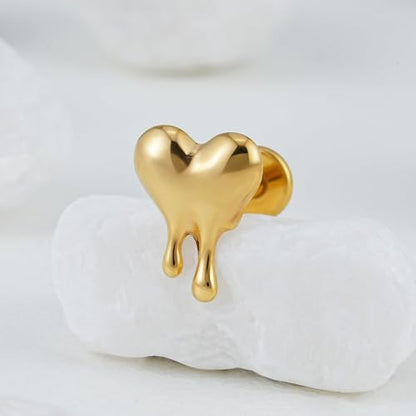 ASTM F136 Titanium Halloween Piercing Jewelry 16G 6mm 8mm, Cartilage Flatback Earring Stud for Helix Conch, Hypoallergenic, Nickel free - color: Molten Heart - Gold